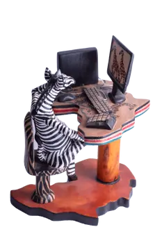 Wooden Zebra Sitting at Computer
