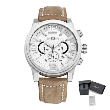 MEGIR Luxury Men's Watch Fashion Simple Casual Sports Watches for Mens Leather Strap Waterproof Quartz Chronograph Clock 3010