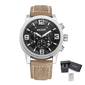 MEGIR Luxury Men's Watch Fashion Simple Casual Sports Watches for Mens Leather Strap Waterproof Quartz Chronograph Clock 3010