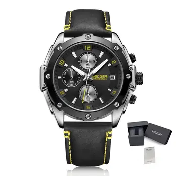 MEGIR Chronograph Men Watch Relogio Masculino Leather Strap Business Quartz Watch Clock Waterproof Date Army Military Wristwatch