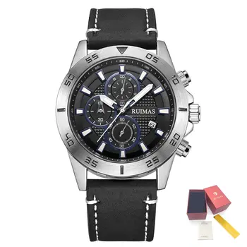 RUIMAS Luxury Brand Mens Watches Quartz Leather Strap Wristwatch Waterproof Clock Sports Large Dial Watch Auto Date Montre Homme