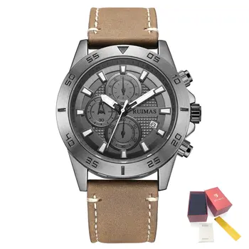 RUIMAS Luxury Brand Mens Watches Quartz Leather Strap Wristwatch Waterproof Clock Sports Large Dial Watch Auto Date Montre Homme