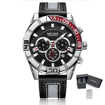 MEGIR Watches for Mens Top Brand Luxury Military Sports Watches Chronograph Leather Waterproof Date Quartz Wristwatch Man Clock