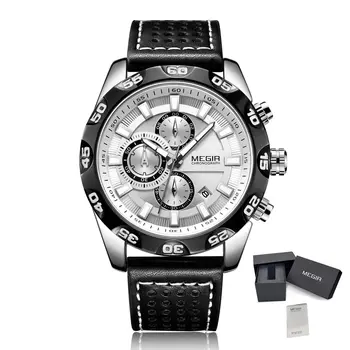 MEGIR Watches Mens Luxury Sports Military Watch Waterproof Luminous Quartz Wrist Watch Leather Casual Man Chronograph Clock