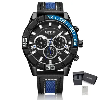 MEGIR Watches for Mens Top Brand Luxury Military Sports Watches Chronograph Leather Waterproof Date Quartz Wristwatch Man Clock
