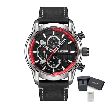 MEGIR Fashion Mens Watches Waterproof Luminous Sports Wrist Watch Man Leather Chronograph Quartz Wristwatch Reloj Hombre 2104