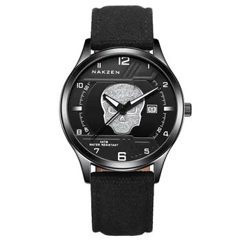 NAKZEN 2019 New Mens Watches Top Brand Luxury Fashion Skull Quartz Watch Waterproof Leather strap Luminous relogio masculino