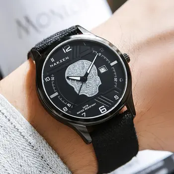 NAKZEN 2019 New Mens Watches Top Brand Luxury Fashion Skull Quartz Watch Waterproof Leather strap Luminous relogio masculino
