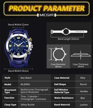 MEGIR Large Dial Watches for Men Luxury Brand Sports Chronograph Clock Waterproof Luminous Hands Quartz Wristwatch Reloj Hombre