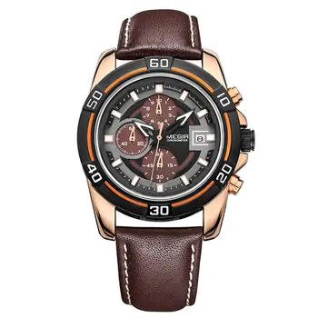 MEGIR Top Brand Fashion Sport Chronograph Watch Men Quartz Leather Wristwatch Waterproof Luminous Man Watches with Date Clock
