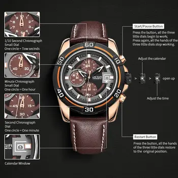MEGIR Top Brand Fashion Sport Chronograph Watch Men Quartz Leather Wristwatch Waterproof Luminous Man Watches with Date Clock