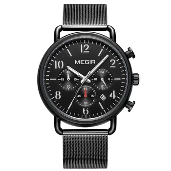 MEGIR Fashion Mens Watches Luxury Sport Quartz Wrist Watch Steel Mesh Business Casual Watches Calendar Leather Band Man Clock