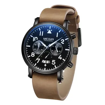 MEGIR Fashion Mens Watches Leather Military Sport Watch Chronograph Luminous Waterproof Quartz Wristwatch Man Clock Reloj Hombre