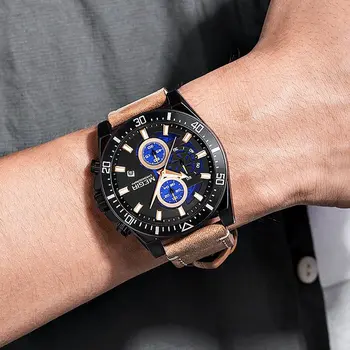 MEGIR Fashion Watches for Men Leather Strap Sport Military Wristwatch Man Quartz Watch Waterproof Chronograph with Calendar 2132
