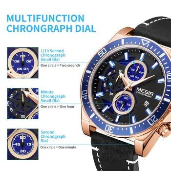 MEGIR Fashion Watches for Men Leather Strap Sport Military Wristwatch Man Quartz Watch Waterproof Chronograph with Calendar 2132