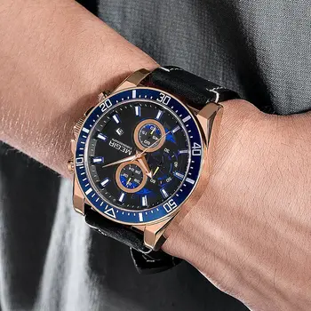 MEGIR Fashion Watches for Men Leather Strap Sport Military Wristwatch Man Quartz Watch Waterproof Chronograph with Calendar 2132
