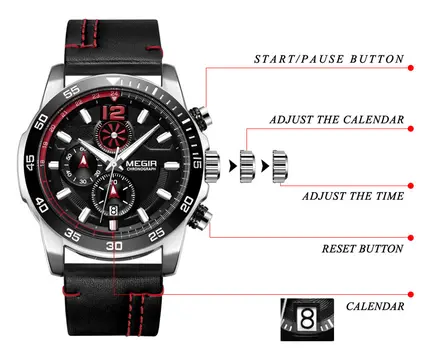 MEGIR Black Luxury Men's Wrist Watch Man Leather Strap Waterproof Chronograph Sports Men Watches Clock Hour Quartz Wristwatches