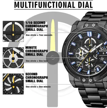 MEGIR Luxury Business Quartz Watches for Mens Stainless Steel Strap Men Casual Wristwatches Waterproof Man Clock Chronograph