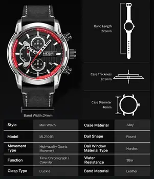 MEGIR Fashion Mens Watches Waterproof Luminous Sports Wrist Watch Man Leather Chronograph Quartz Wristwatch Reloj Hombre 2104