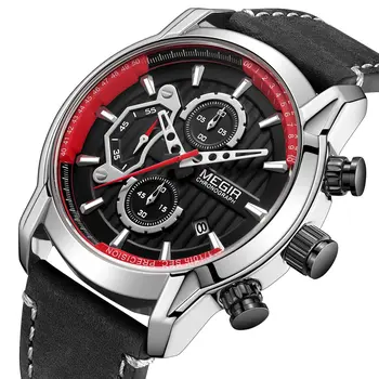 MEGIR Fashion Mens Watches Waterproof Luminous Sports Wrist Watch Man Leather Chronograph Quartz Wristwatch Reloj Hombre 2104