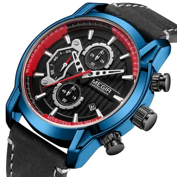 MEGIR Fashion Mens Watches Waterproof Luminous Sports Wrist Watch Man Leather Chronograph Quartz Wristwatch Reloj Hombre 2104