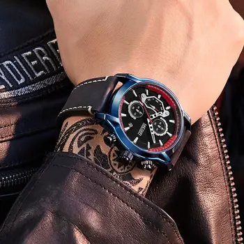 MEGIR Fashion Mens Watches Waterproof Luminous Sports Wrist Watch Man Leather Chronograph Quartz Wristwatch Reloj Hombre 2104