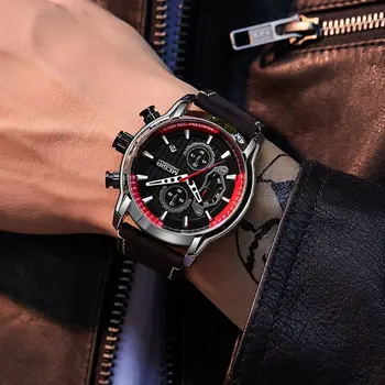 MEGIR Fashion Mens Watches Waterproof Luminous Sports Wrist Watch Man Leather Chronograph Quartz Wristwatch Reloj Hombre 2104