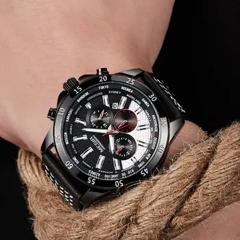 MEGIR Sports Watches for Mens Luxury Quartz Clock Chronograph Leather Fashion Casual Wristwatch Army Military Watch Reloj Hombre