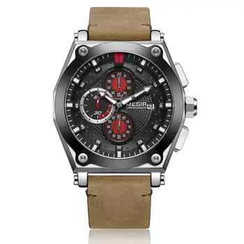 MEGIR Blue Quartz Men Watches Top Brand Leather Strap Chronograph Sport Wrist Watch Men Clock Relogio Masculino Reloj Hombre