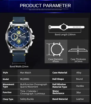 MEGIR Blue Quartz Men Watches Top Brand Leather Strap Chronograph Sport Wrist Watch Men Clock Relogio Masculino Reloj Hombre