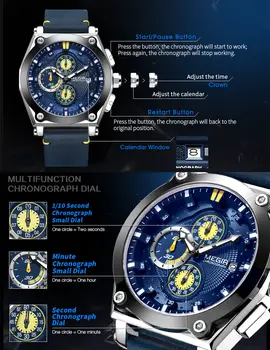 MEGIR Blue Quartz Men Watches Top Brand Leather Strap Chronograph Sport Wrist Watch Men Clock Relogio Masculino Reloj Hombre