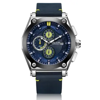 MEGIR Blue Quartz Men Watches Top Brand Leather Strap Chronograph Sport Wrist Watch Men Clock Relogio Masculino Reloj Hombre