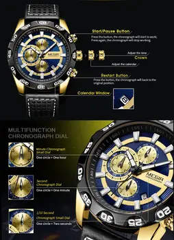 MEGIR Watches Mens Luxury Sports Military Watch Waterproof Luminous Quartz Wrist Watch Leather Casual Man Chronograph Clock