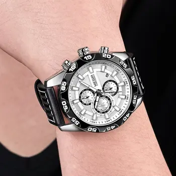 MEGIR Watches Mens Luxury Sports Military Watch Waterproof Luminous Quartz Wrist Watch Leather Casual Man Chronograph Clock
