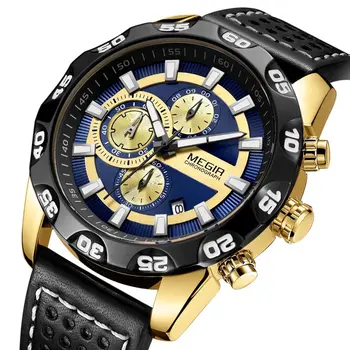 MEGIR Watches Mens Luxury Sports Military Watch Waterproof Luminous Quartz Wrist Watch Leather Casual Man Chronograph Clock