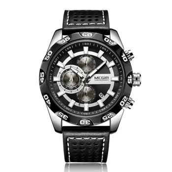 MEGIR Watches Mens Luxury Sports Military Watch Waterproof Luminous Quartz Wrist Watch Leather Casual Man Chronograph Clock