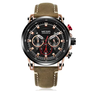 MEGIR Men Sports Watches Top Brand Luxury Leather Quartz Watch Men Clock Waterproof Army Military Wristwatches Relogio Masculino