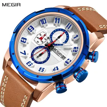 MEGIR Chronograph Sport Watch Men Clock Leather Quartz Men Wrist Watches Time Hour Army Military Wristwatches Relogio Masculino