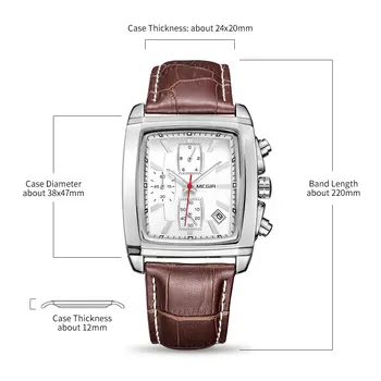 MEGIR Watch Men Business Wristwatch Rectangle Quartz Military Watches Waterproof Luminous Leather Casual Moda Clock Reloj Hombre