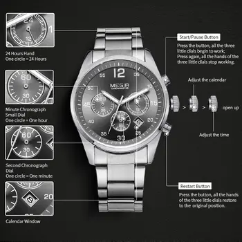 MEGIR Fashion Men Watches Luxury Stainless Steel Business Wristwatch Waterproof Date Quartz Man Clock Relogio Masculino