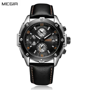 MEGIR Black Mens Watches Top Brand Luxury Chronograph Sports Quartz Wrist Watch Man Clock Waterproof Army Military Wristwatches