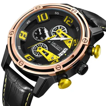 MEGIR Fashion Mens Watches Luxury Sports Watches Leather Strap Army Military Quartz Wristwatch Chronograph Male Clock 2078