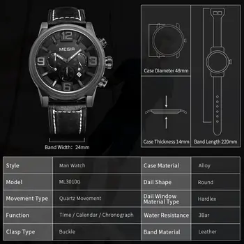 MEGIR Luxury Men's Watch Fashion Simple Casual Sports Watches for Mens Leather Strap Waterproof Quartz Chronograph Clock 3010