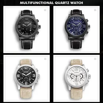 MEGIR Luxury Men's Watch Fashion Simple Casual Sports Watches for Mens Leather Strap Waterproof Quartz Chronograph Clock 3010