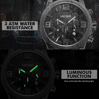MEGIR Luxury Men's Watch Fashion Simple Casual Sports Watches for Mens Leather Strap Waterproof Quartz Chronograph Clock 3010