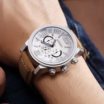 MEGIR Luxury Men's Watch Fashion Simple Casual Sports Watches for Mens Leather Strap Waterproof Quartz Chronograph Clock 3010