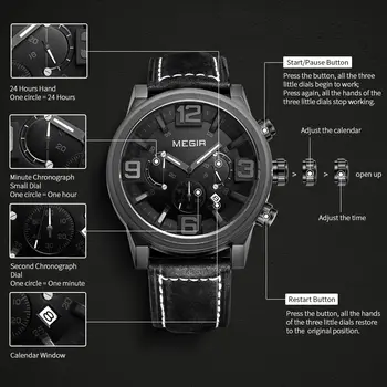 MEGIR Luxury Men's Watch Fashion Simple Casual Sports Watches for Mens Leather Strap Waterproof Quartz Chronograph Clock 3010