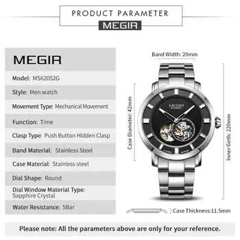 MEGIR Men Watch Hollow Out Automatic Mechanical Stainless Steel Wristwatch Waterproof Luxury Business Wrist Watch Montre Homme