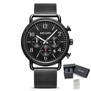 MEGIR Fashion Mens Watches Luxury Sport Quartz Wrist Watch Steel Mesh Business Casual Watches Calendar Leather Band Man Clock