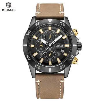 RUIMAS Luxury Brand Mens Watches Quartz Leather Strap Wristwatch Waterproof Clock Sports Large Dial Watch Auto Date Montre Homme